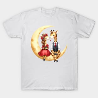 Valentine Giraffe Couple on Moon T-Shirt